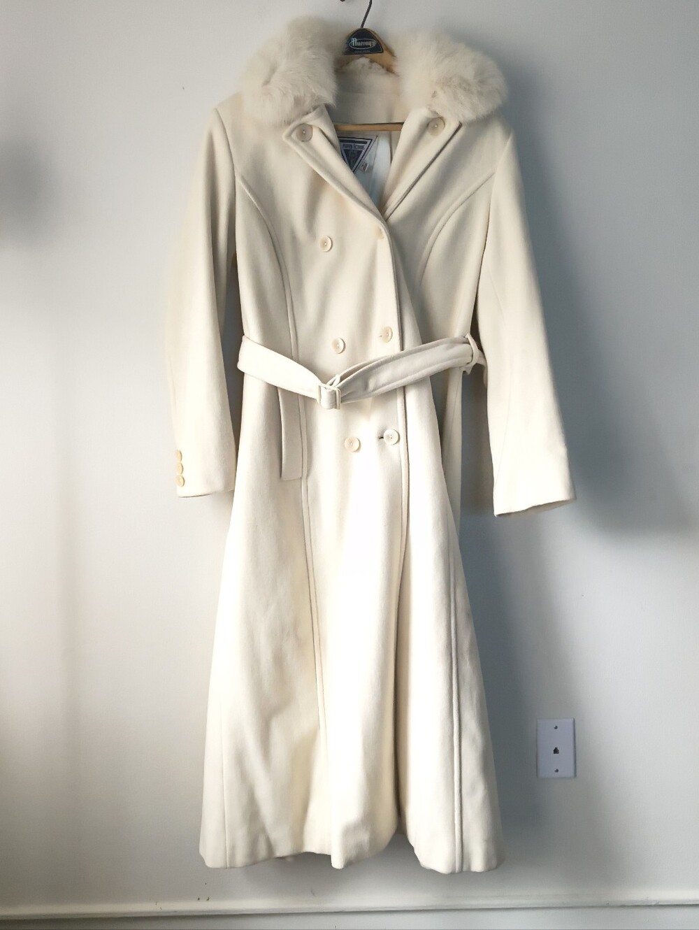 Marvin Richards Ivory Wool Cashmere Fox Fur Trim Trench Coat Size 16